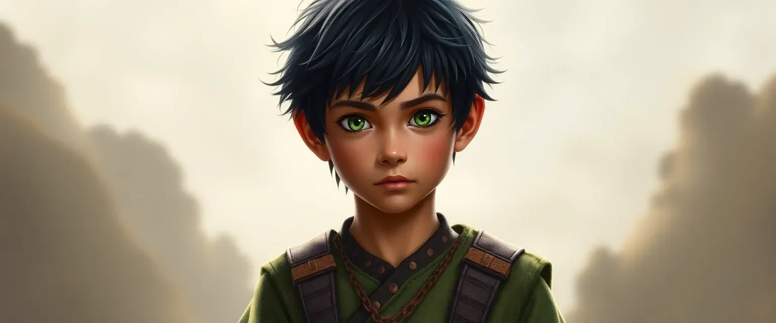 Young Trennixan boy with tan skin, black hair, green eyes, wearing patchwork of greens and browns.