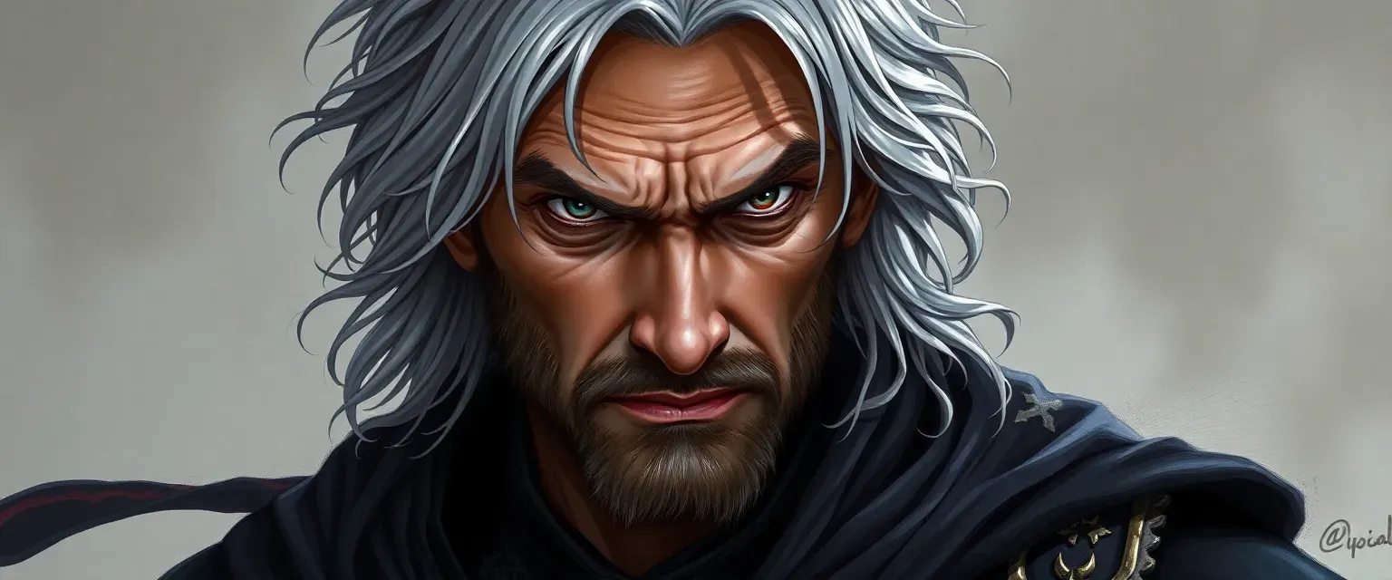 A man in his late forties with sharp eyes and silver-streaked hair, wearing dark, flowing robes with Empire symbols.