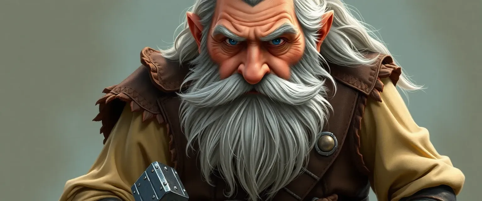 Aged dwarf with silver-grey beard, blue eyes, leather vest, linen shirt, high boots, hammer at belt.