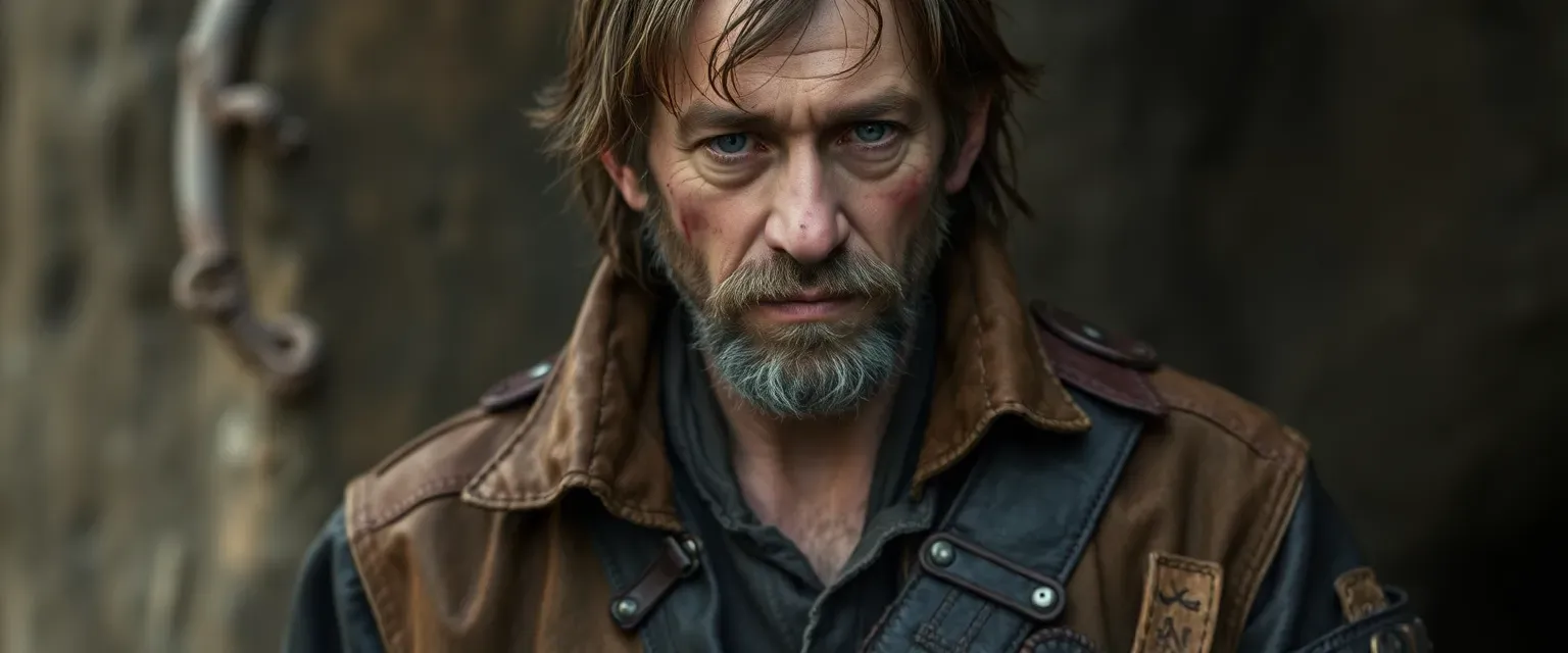 A weathered man with gray eyes and scars, wearing a patched leather jacket and sturdy boots, humming a haunting melody.