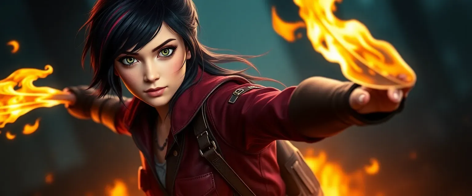 17-year-old Violet with black hair, red streaks, light green eyes, in Scout leathers, wielding fire.