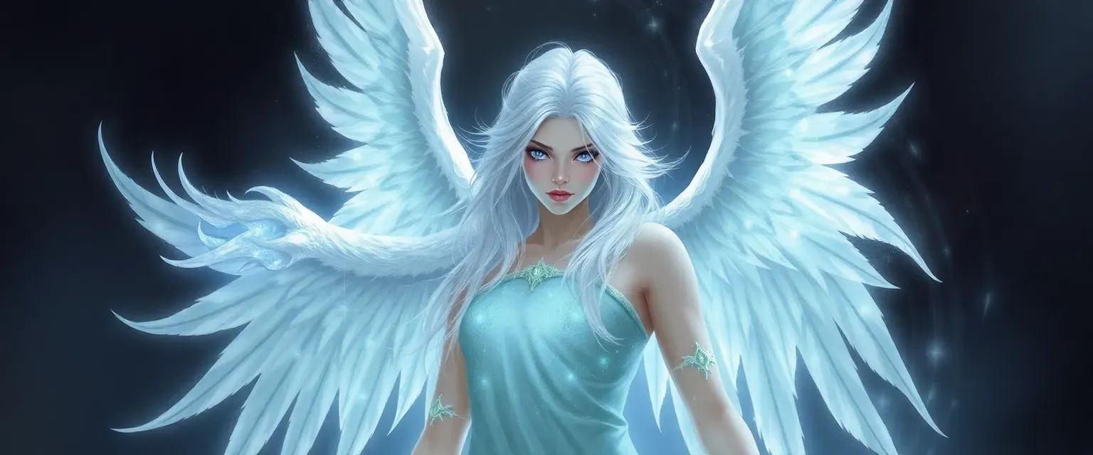 Ethereal archangel with silver hair and deep blue eyes, shifting into various living forms.