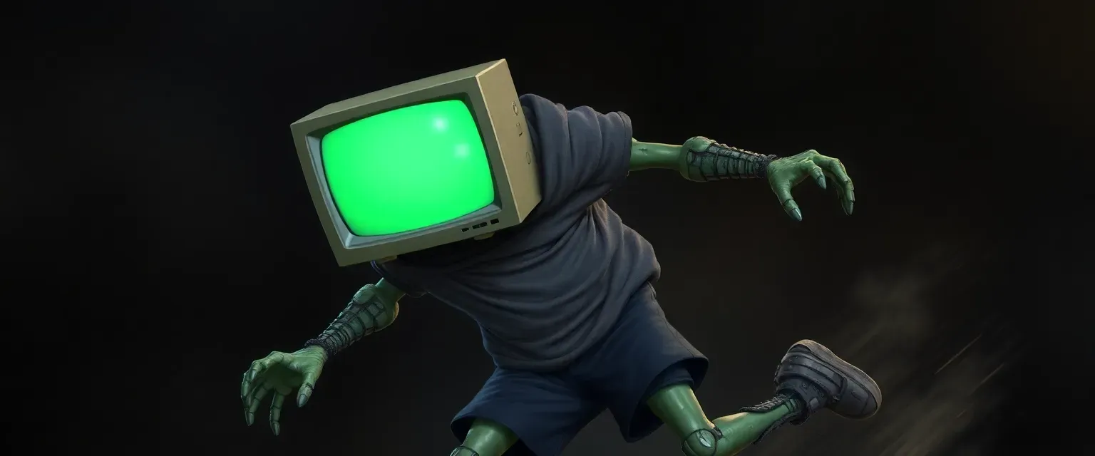 Warforged with a TV head, human-like limbs, wearing gray t-shirt, dark gray hoodie, black shorts, and scuffed sneakers.