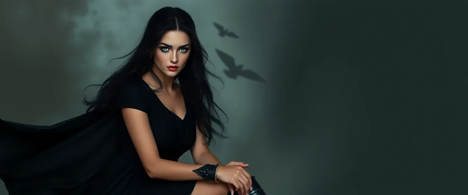 Mid-twenties woman with pale skin, black hair, and green eyes, wearing a flowing black dress and boots.