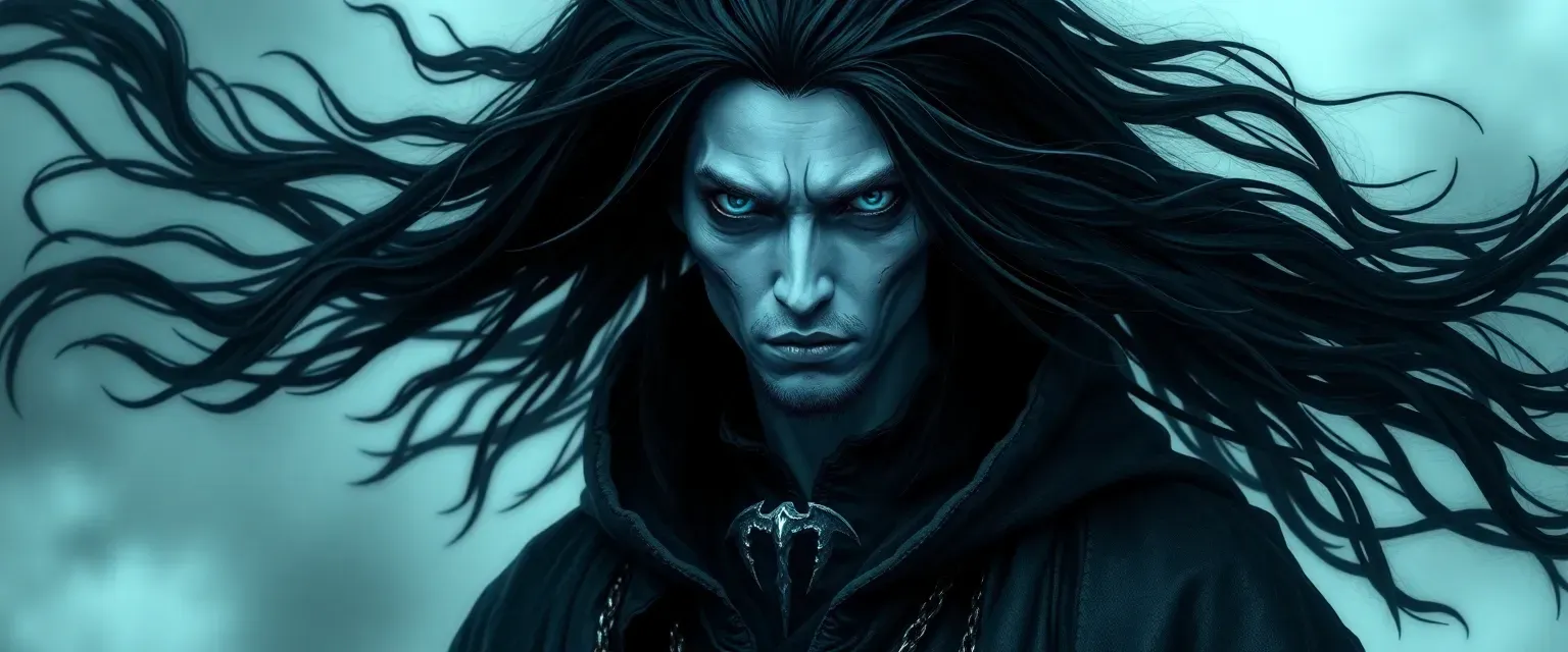 Pallid man with jet-black floating hair, ice-blue eyes, wearing tattered ceremonial robes with scythe symbol.