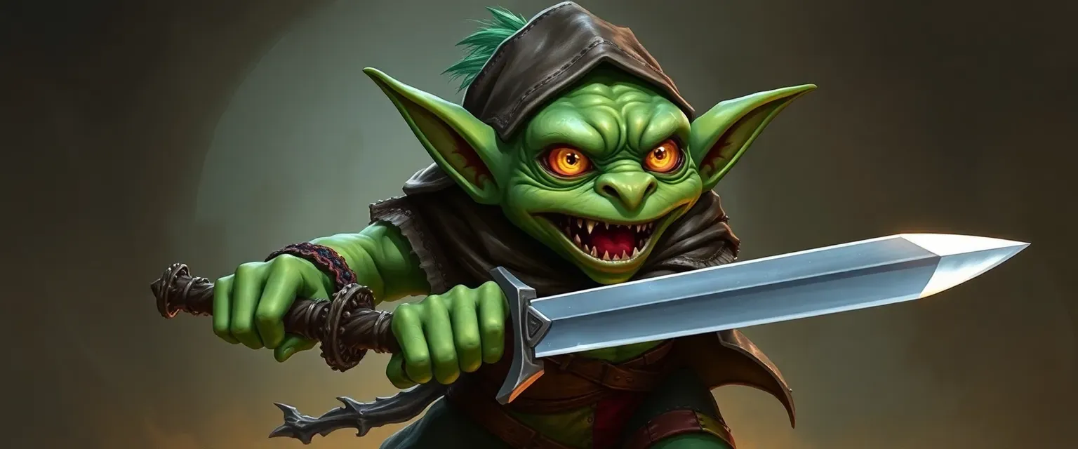 A nimble goblin with green skin, yellow eyes, and patchwork attire, wielding a sword and humming goblin tunes.