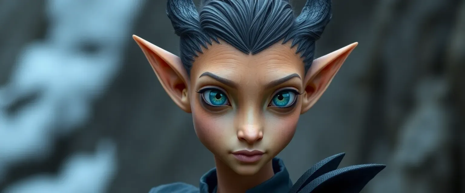 Tall fae with pointed ears, large blue-gray eyes, tan skin, wearing black and dark blue clothes.
