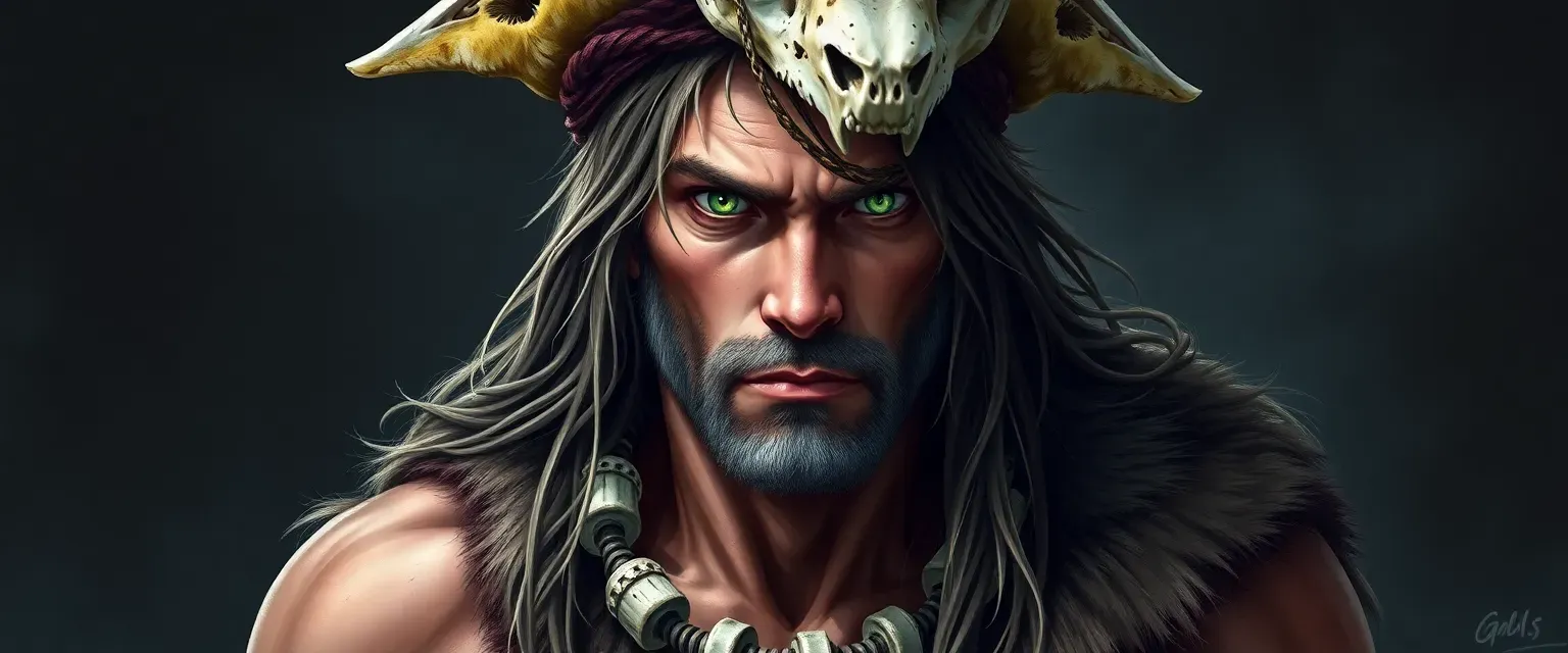 Muscular man with weathered skin, green eyes, long unkempt hair, wearing bear hide tunic, bone necklace, wolf skull headdress.