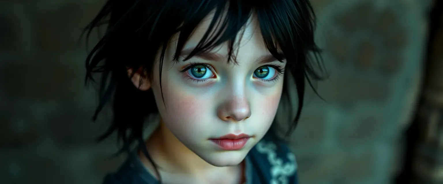 13-year-old girl with wild jet-black hair, pale skin, deep green eyes, slender frame, wearing patched clothes.