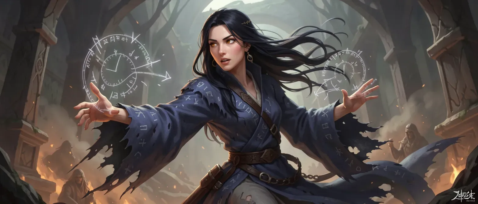 Slender 22-year-old woman with hazel eyes, raven hair, wearing tattered indigo robes with faded runes, tracing patterns in the air.