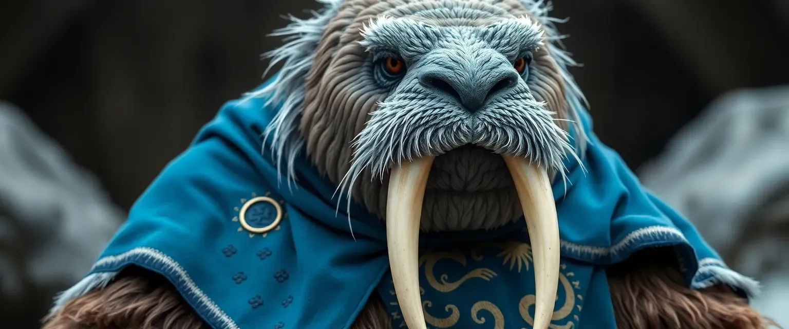 A venerable walrus lord with silver whiskers, wearing a regal blue cloak with a walrus sigil, and polished tusks.