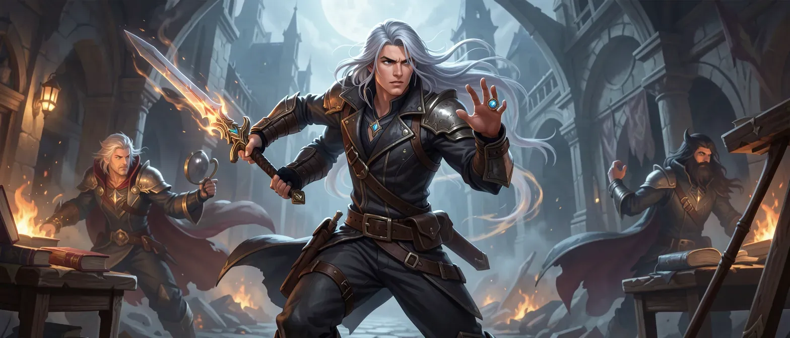 Tall 18-year-old rogue with moonlight-silver hair, dark leathers, and a hidden tarnished signet ring.