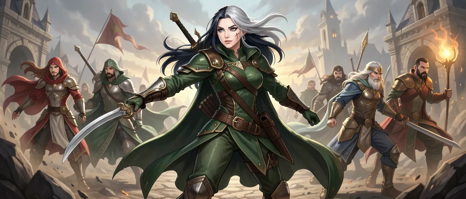 A 28-year-old half-elf woman with ivory skin, raven hair streaked silver, stormy gray eyes, and a faint cheek scar. She wears green leathers, cloak, and carries a curved blade and quiver, standing tall and lithe.