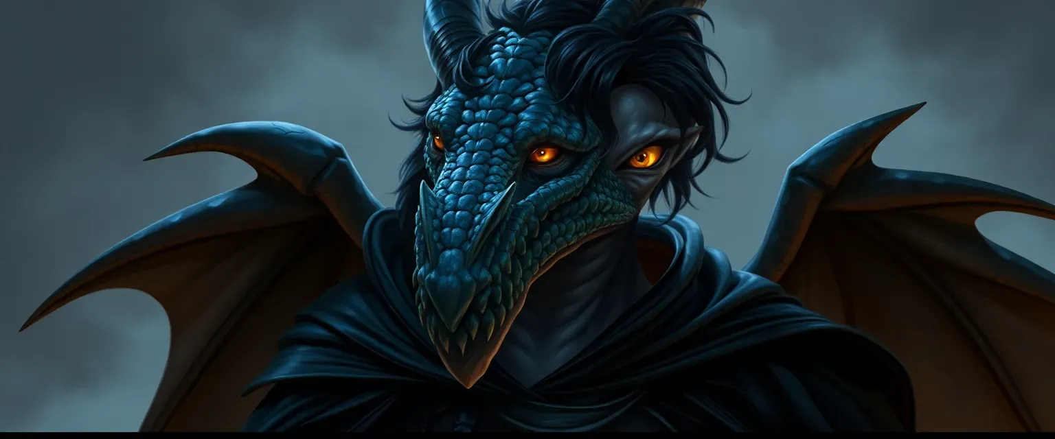 Humanoid with dragon scales, golden eyes, dark hair, dressed in black leather and cloak.