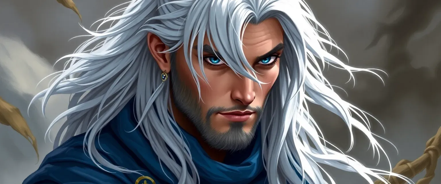 35-year-old Kalashtar male with long silver hair and serene blue eyes, wearing an indigo robe with healing symbols.