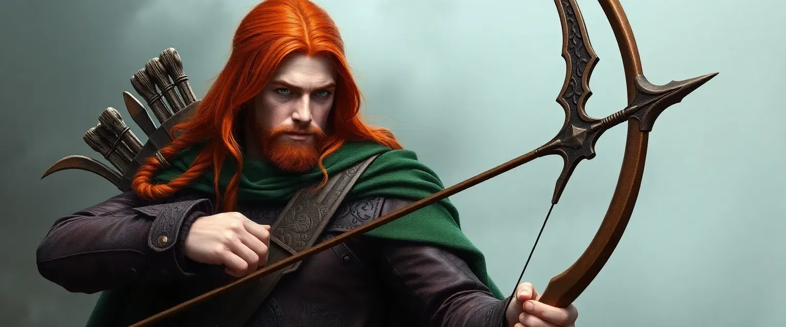 Red-haired Norse archer, early 30s, leather tunic, intricate carvings, green cloak, carrying a crafted bow.