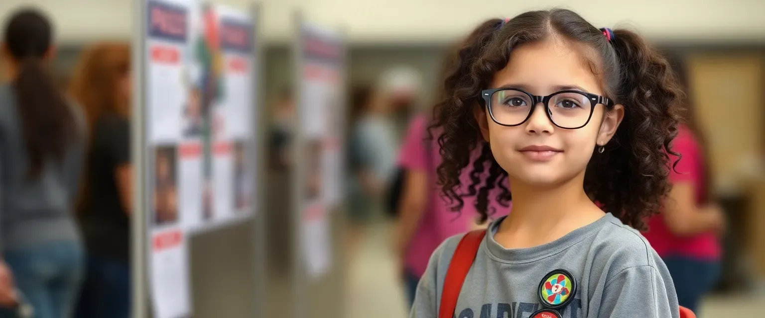 Thirteen-year-old girl with dark curly hair in a ponytail, thick glasses, hazel eyes, wearing dark jeans and a loose top with science fair badges.
