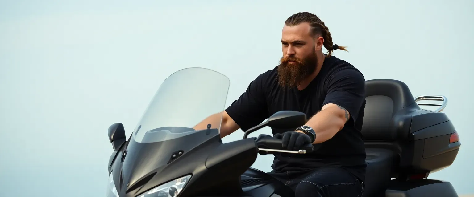 6'2" athletic man, 27, with viking braid, shaved sides, 2" beard, wearing loose black clothes, rides a black Honda Goldwing.