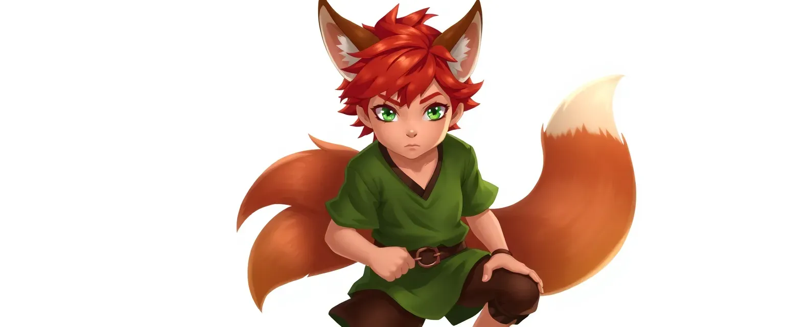 Young fox hybrid boy with red hair, green eyes, wearing a green tunic and brown breeches, often barefoot.
