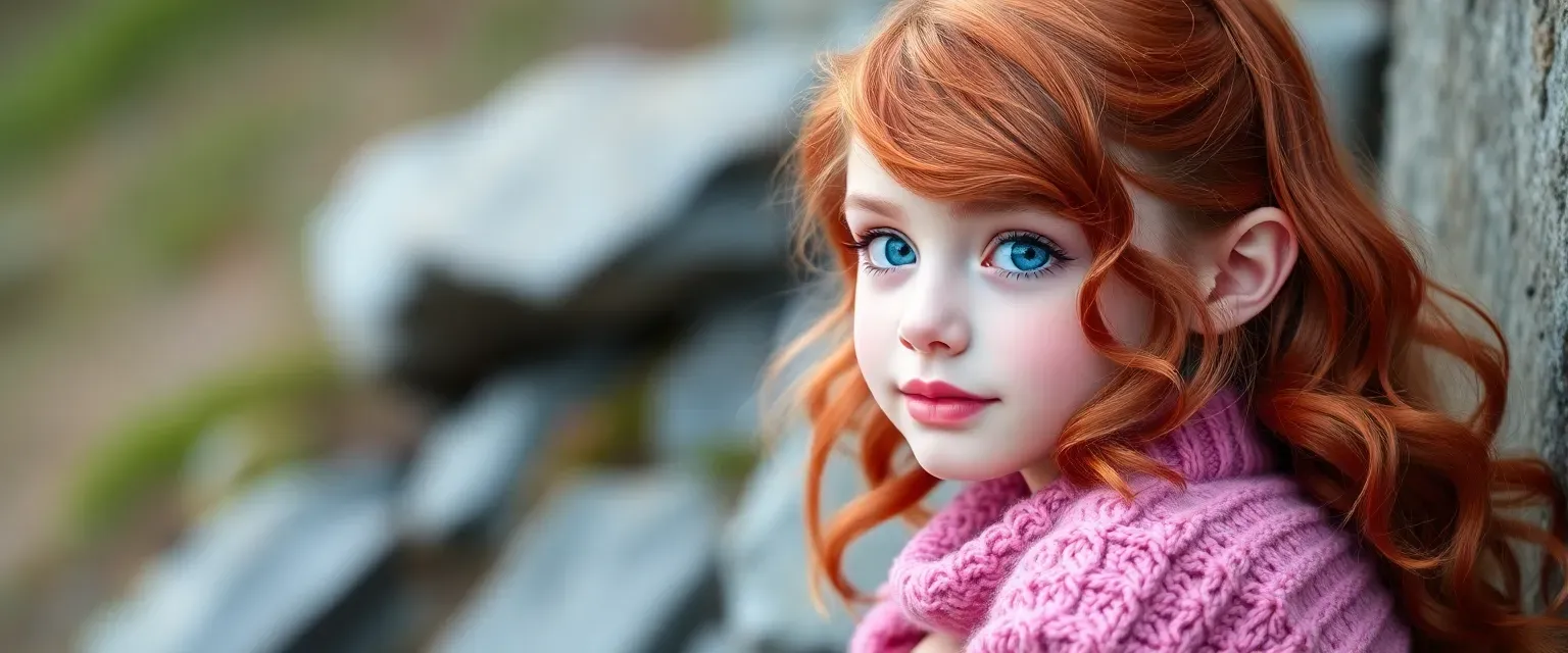 13-year-old girl with wavy red hair, white skin, red lips, purple-blue eyes, wearing a pink sweater and emerald leggings.
