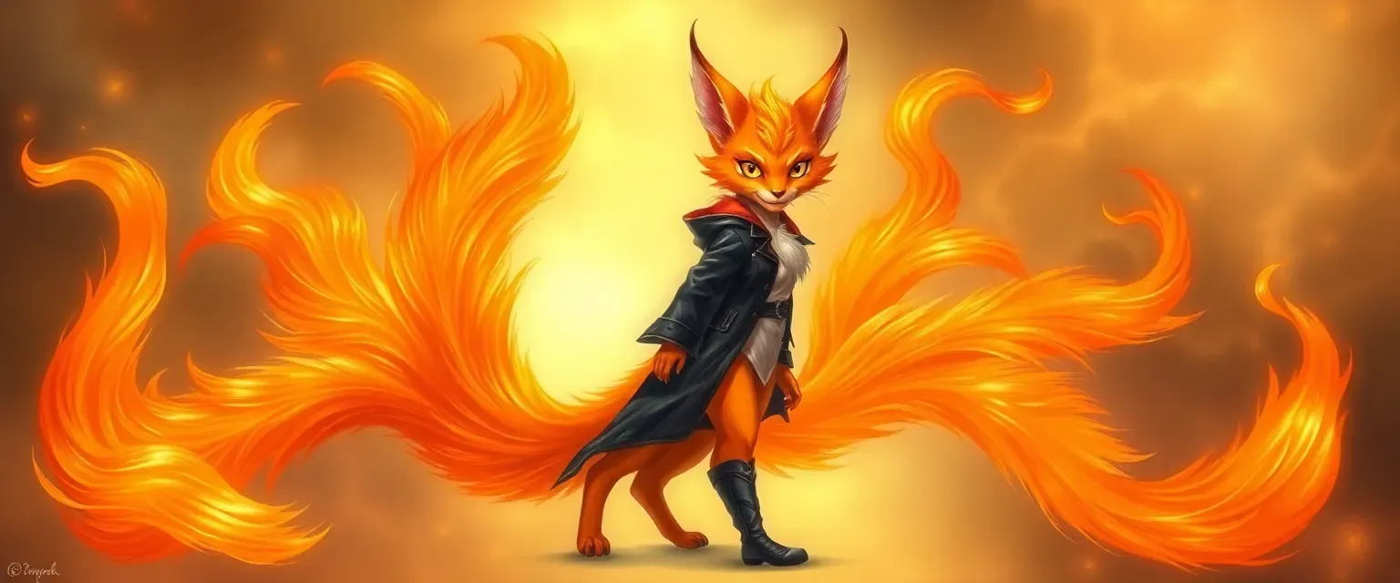 Fiery orange fur, nine shimmering tails, deep gold eyes, celestial kimono with modern leather jacket and boots.