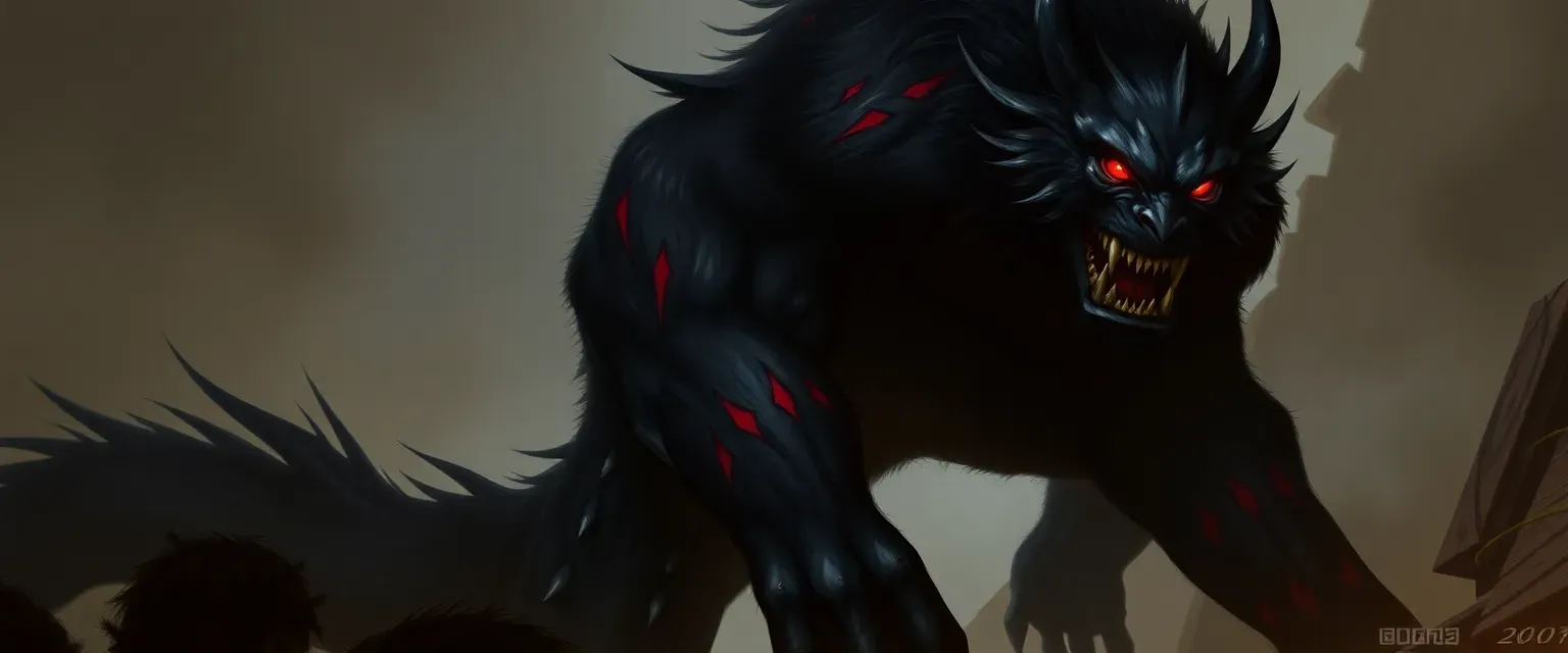 Tall, muscular beast with midnight black fur and glowing red eyes, adorned with battle scars.