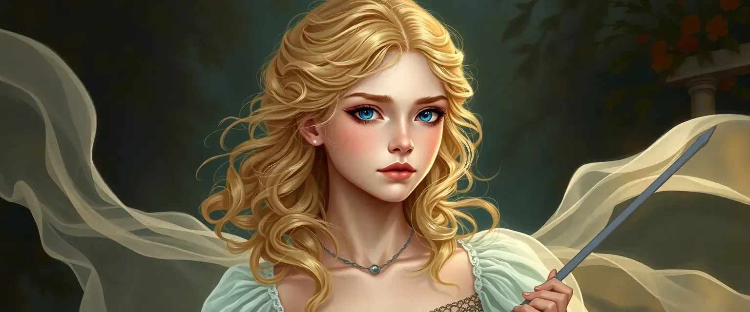 16-year-old Ophelia, frail and pale, with flowing dresses, golden curls, and deep blue eyes.