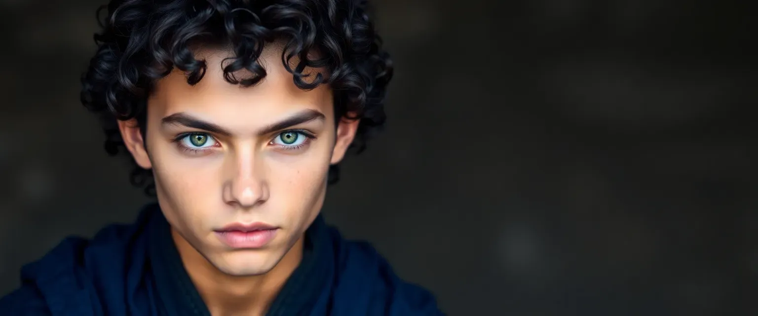 19-year-old human monk with dark curly hair and piercing green eyes, wearing deep blue robes.