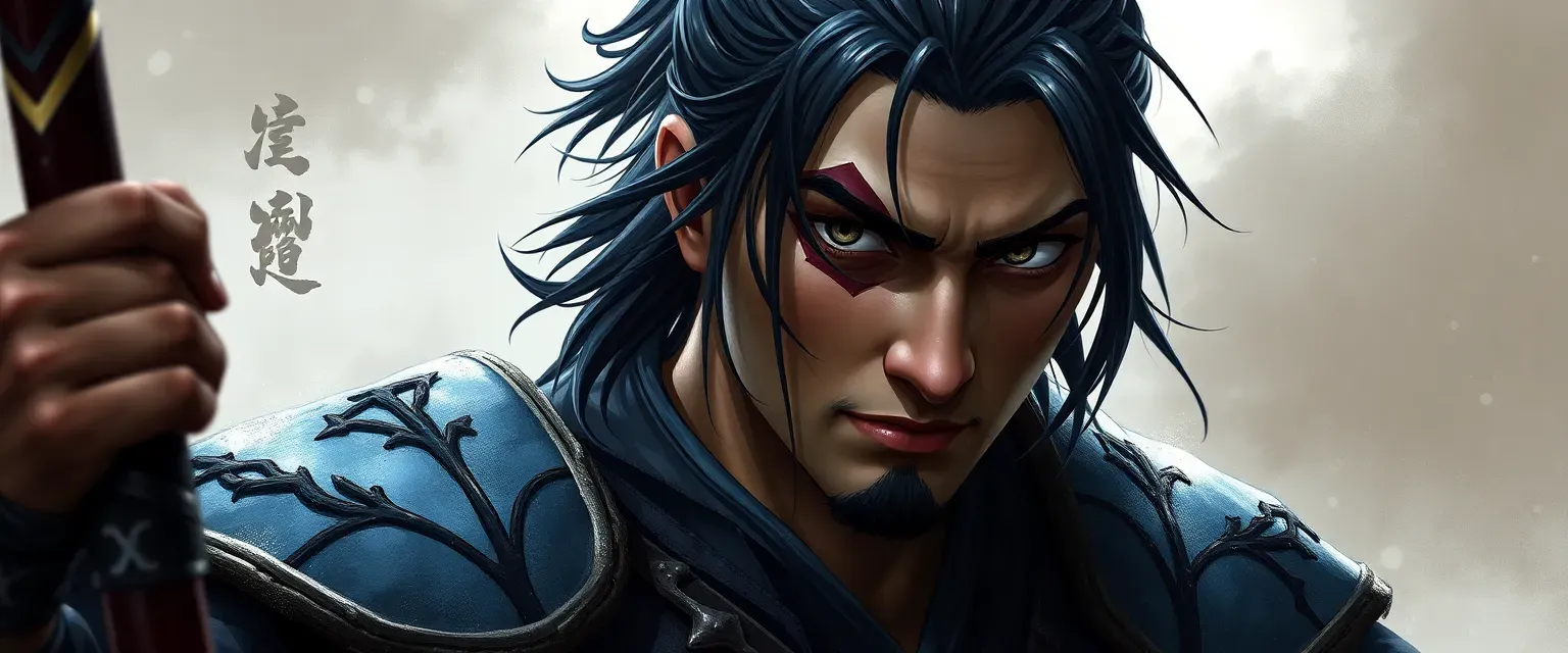 32-year-old samurai with a scar, dark hair, sharp eyes, in blue and black armor.