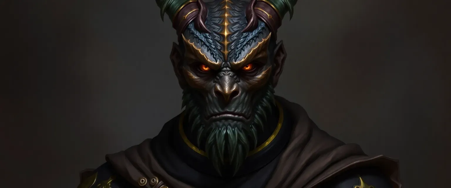 Bronze Dragonborn, black skin, 6'9", 270 lbs, 38 years old, amber eyes, priestly robes.