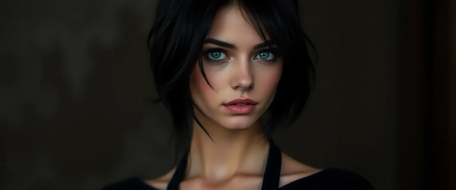 Young woman with dark hair and emerald eyes, slender, wearing dark, elegant clothes, a small scar on her cheek.