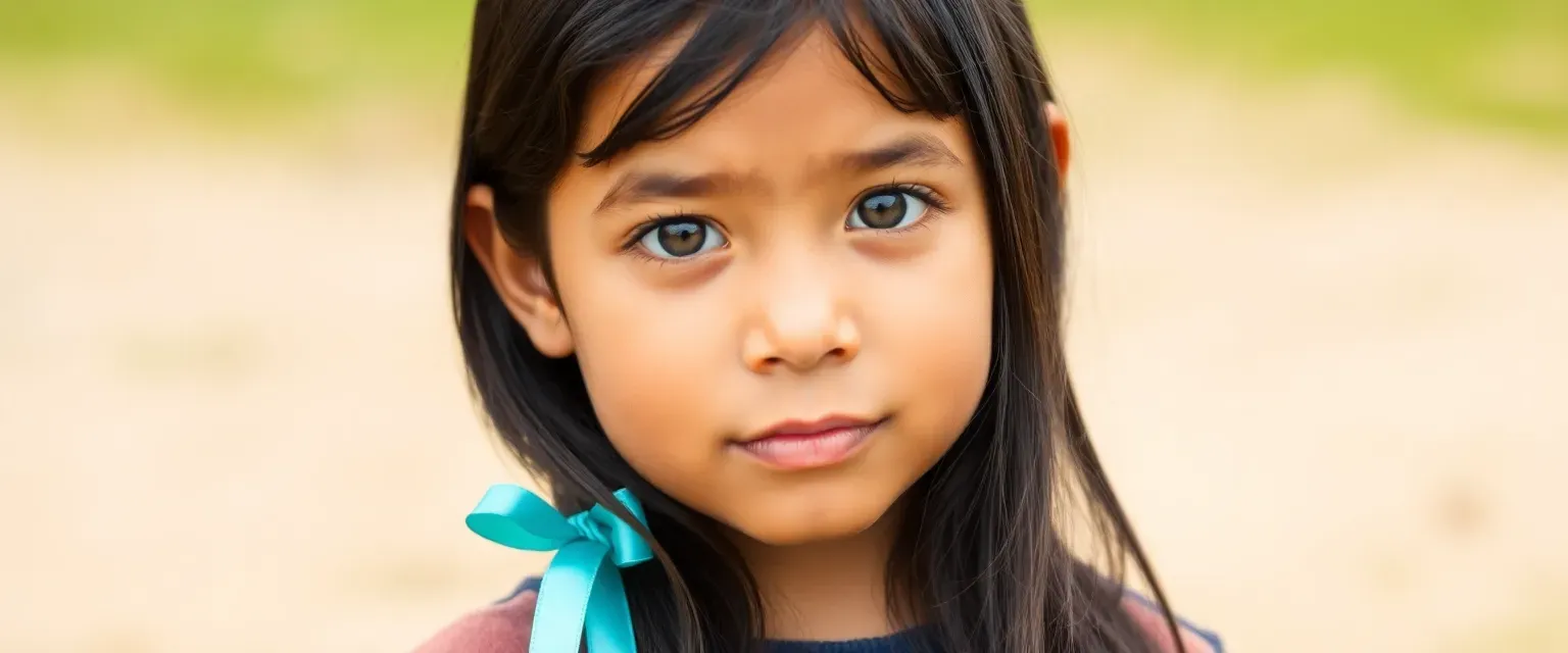 6-year-old boy with honey skin, brown eyes, long black hair, wearing a turquoise ribbon.