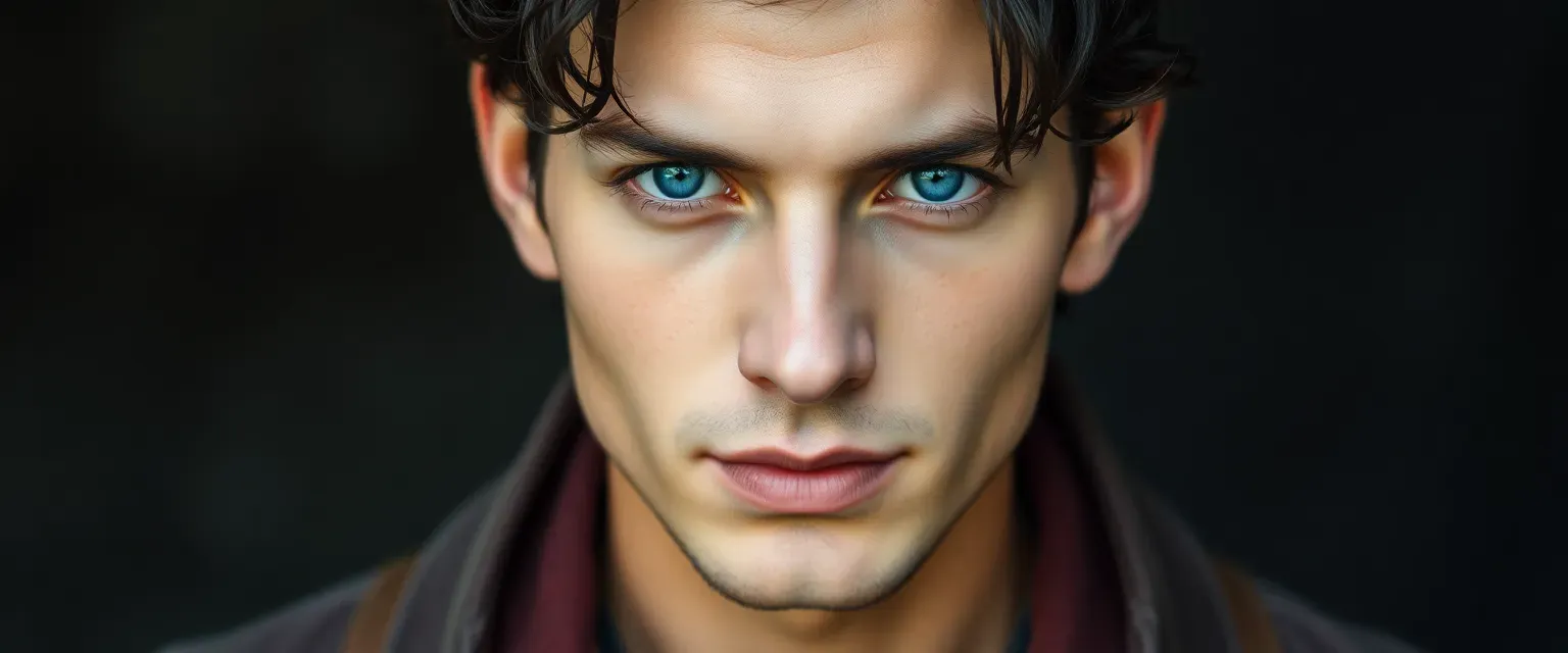 Dark-haired man with deep blue eyes, casual clothing, ethereal beauty.