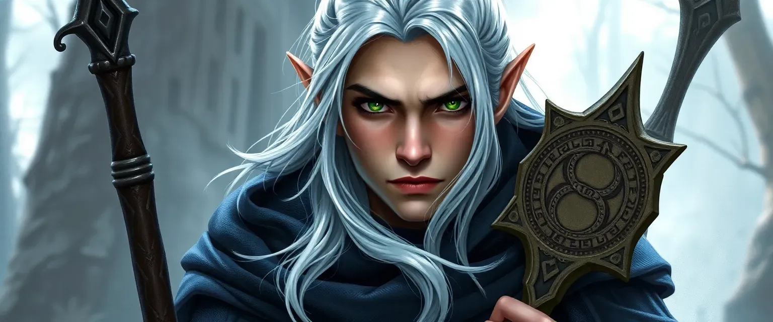 27-year-old elf wizard with silver hair, green eyes, wearing a twilight cloak and carrying a rune-covered staff.