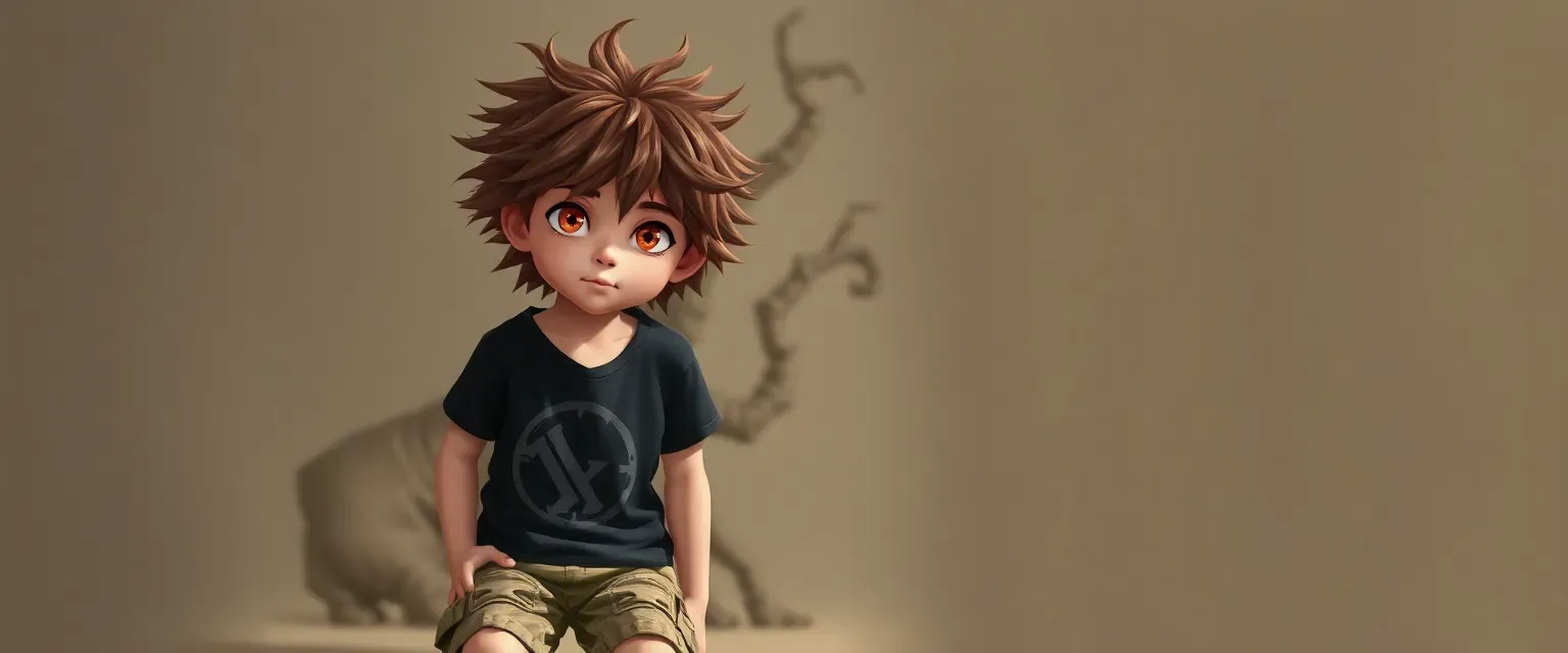 12-year-old boy with wild hair and amber eyes, wearing a graphic tee and cargo shorts, always barefoot.