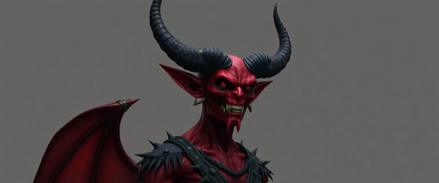 Evil demon humanoid with three huge horns, jagged clothes, and crimson skin marked with runes.