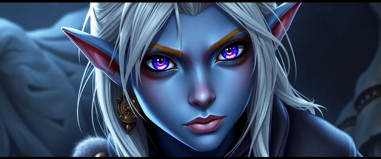 Dusky blue-skinned half-elf with vibrant violet eyes and silver-blonde hair, wearing simple surface elf attire.