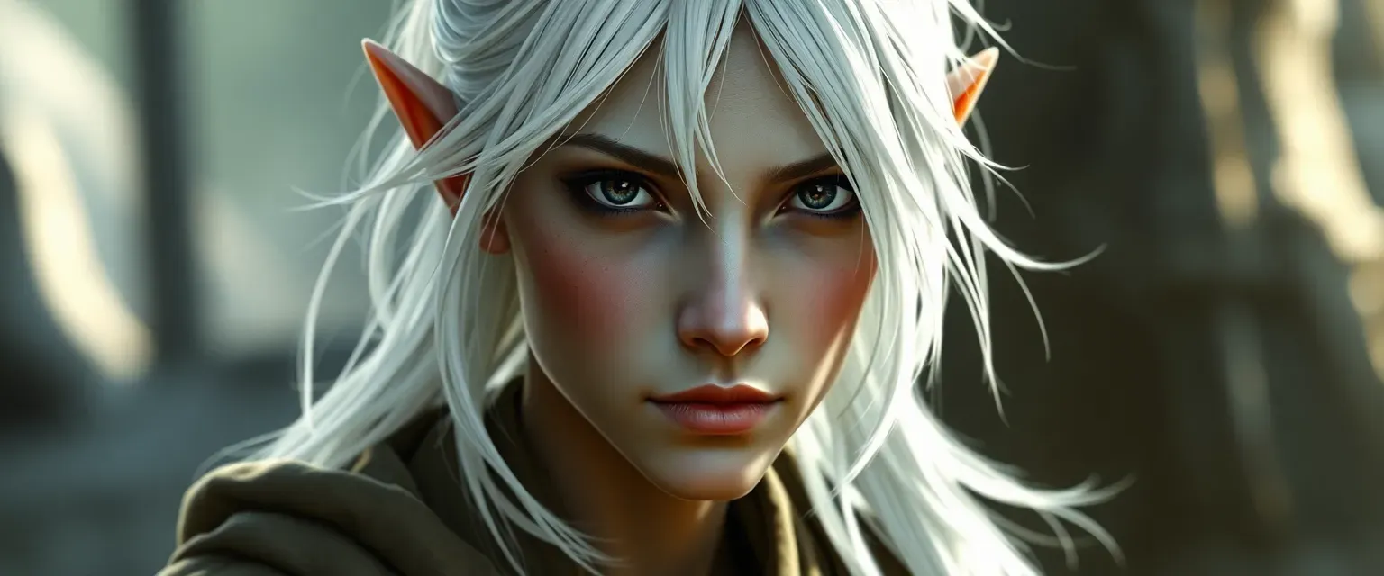 Ashen-skinned half-elf with white hair and black eyes, wearing monk robes, ethereal and serene.