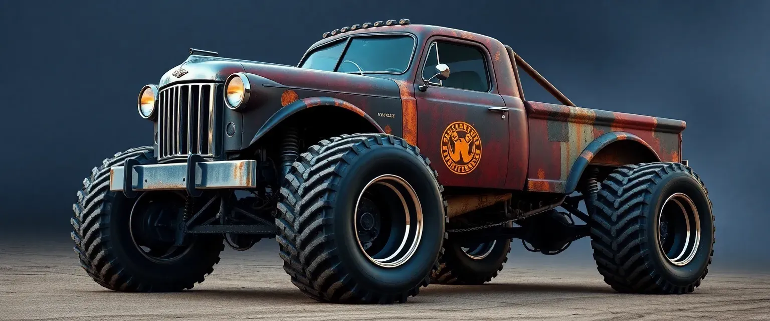 Sentient monster truck with chrome grille, wide tires, patchwork steel body, Southern drawl.