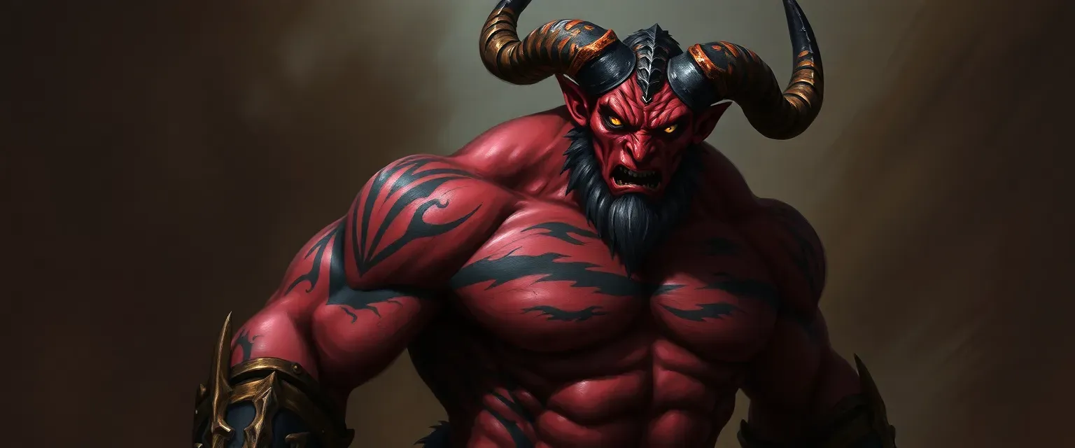 7ft tall Abyssal Tiefling barbarian, muscular with crimson skin, dark tattoos, yellow eyes, and jagged horns.