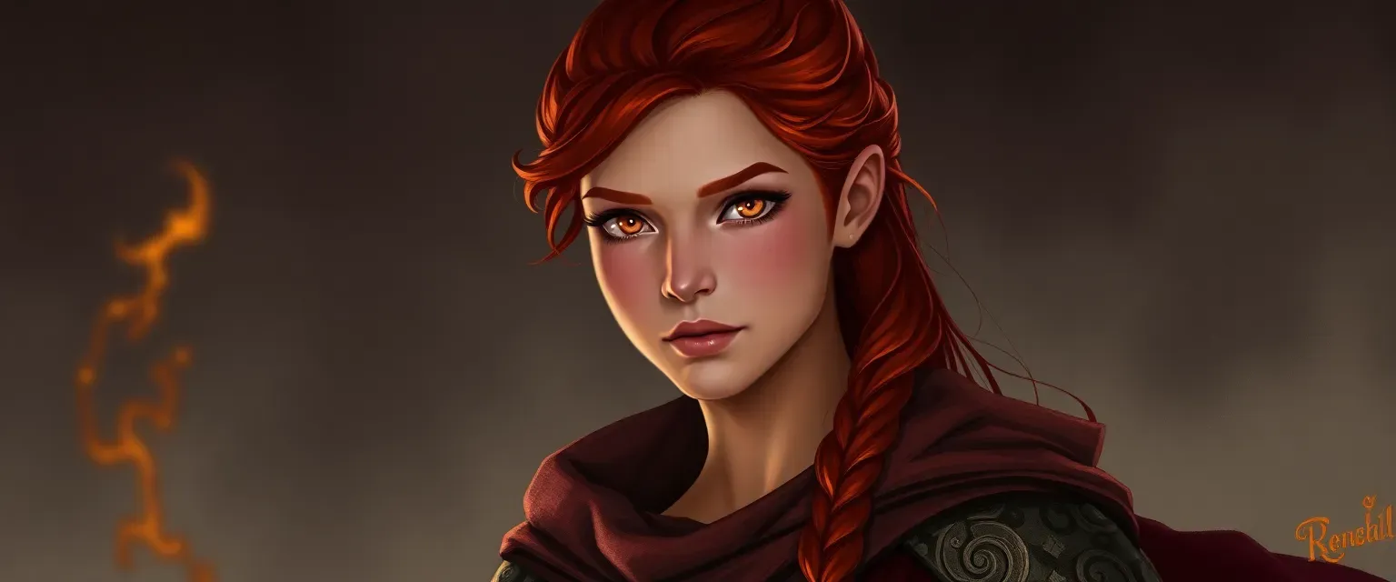 Young fire genasi woman with fiery red hair and amber eyes, wearing cleric's robe and druid's cloak.