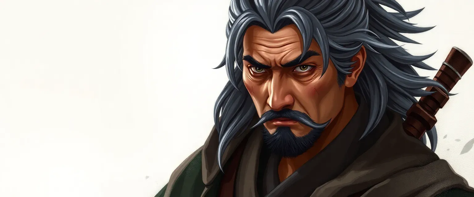 A middle-aged Japanese ronin with gray-streaked hair, wearing a blend of samurai and practical attire, with a calm yet fierce demeanor.