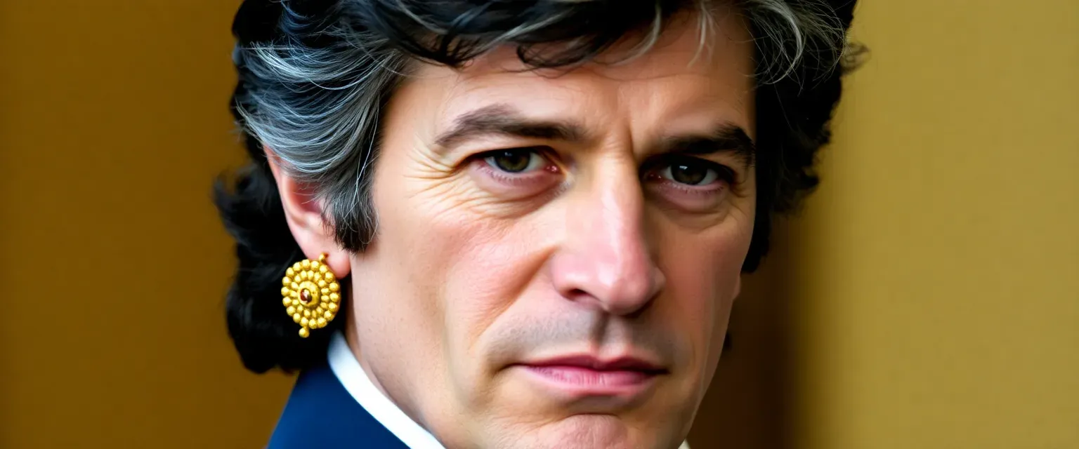 58-year-old prince with silver-streaked black hair, slightly plump, wearing an ornate gold earring.