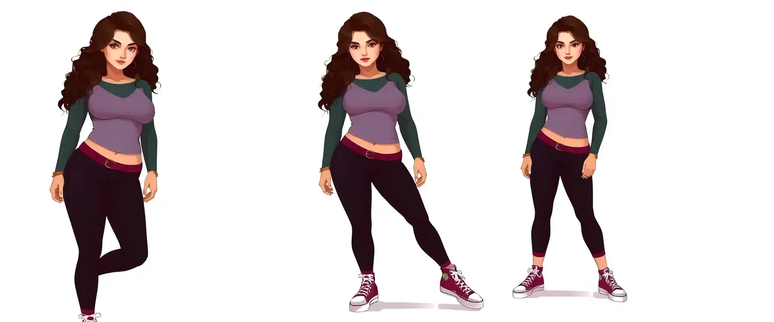 21-year-old Jop, 4'7", curvy with dark wavy hair, tight clothes, high-top sneakers, expressive eyes.