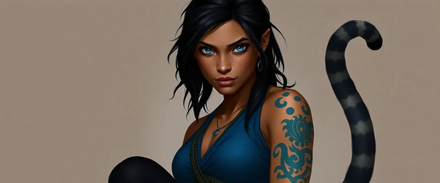 Young Amari woman with black scruffy hair, tan skin, blue eyes, blue top, black pants, jaguar tail, blue tattoos on right arm, white spots on upper body.