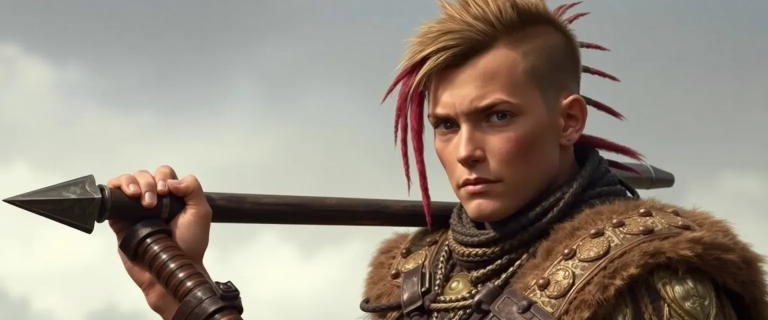 Young Slavic warrior, early twenties, Mohican haircut, light eyes, spiked mace, traditional tribal attire.