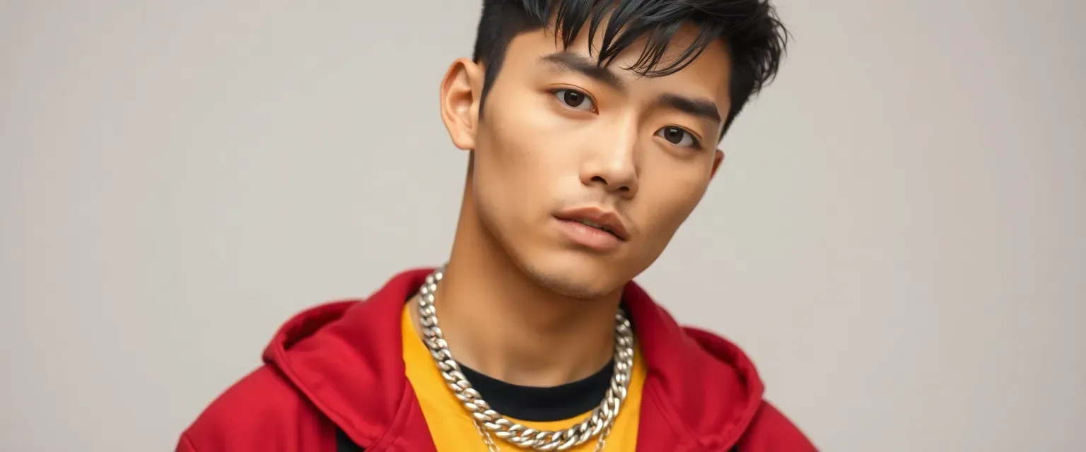 Handsome Asian-American male pop star, early 30s, with striking onyx-black eyes and styled short black hair, wearing designer streetwear and a signature silver chain necklace.