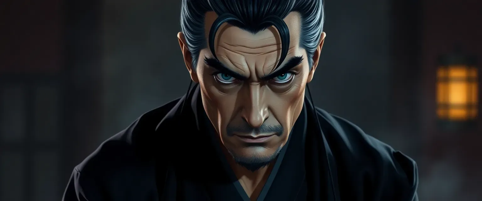 Late 40s man with gray-streaked black hair, sharp eyes, wearing a dark kimono, stern and calculating.