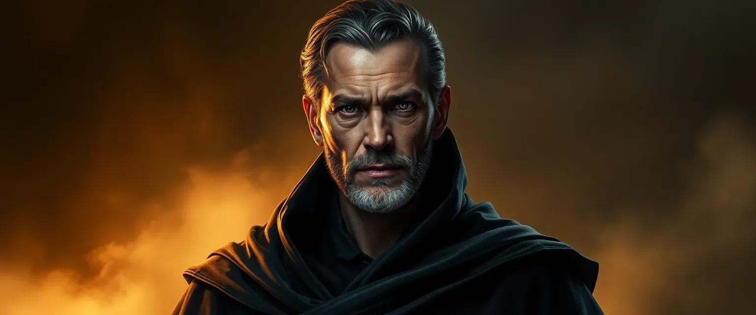 Mid-40s man with sunken eyes and slim figure, dressed in dark flowing robes, exuding a shadowy and formidable presence.