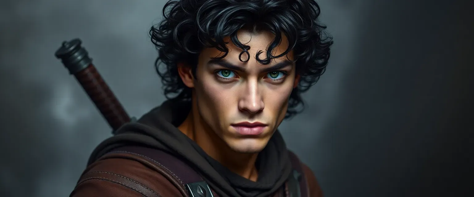 Mid-twenties man with dark curly hair and piercing green eyes, lean and agile, dressed in practical fighter's attire.